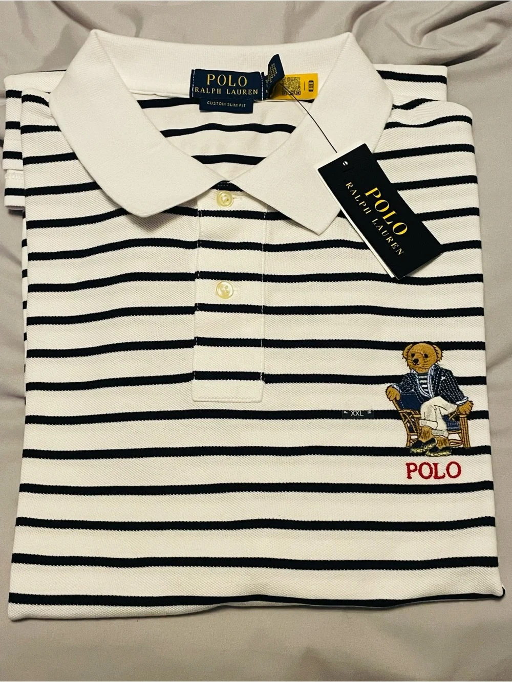 🔥Polo Ralph Lauren Custom Slim Fit Polo Bear Polo Shirt. White/Navy, 2XL NWT🏷️🐻